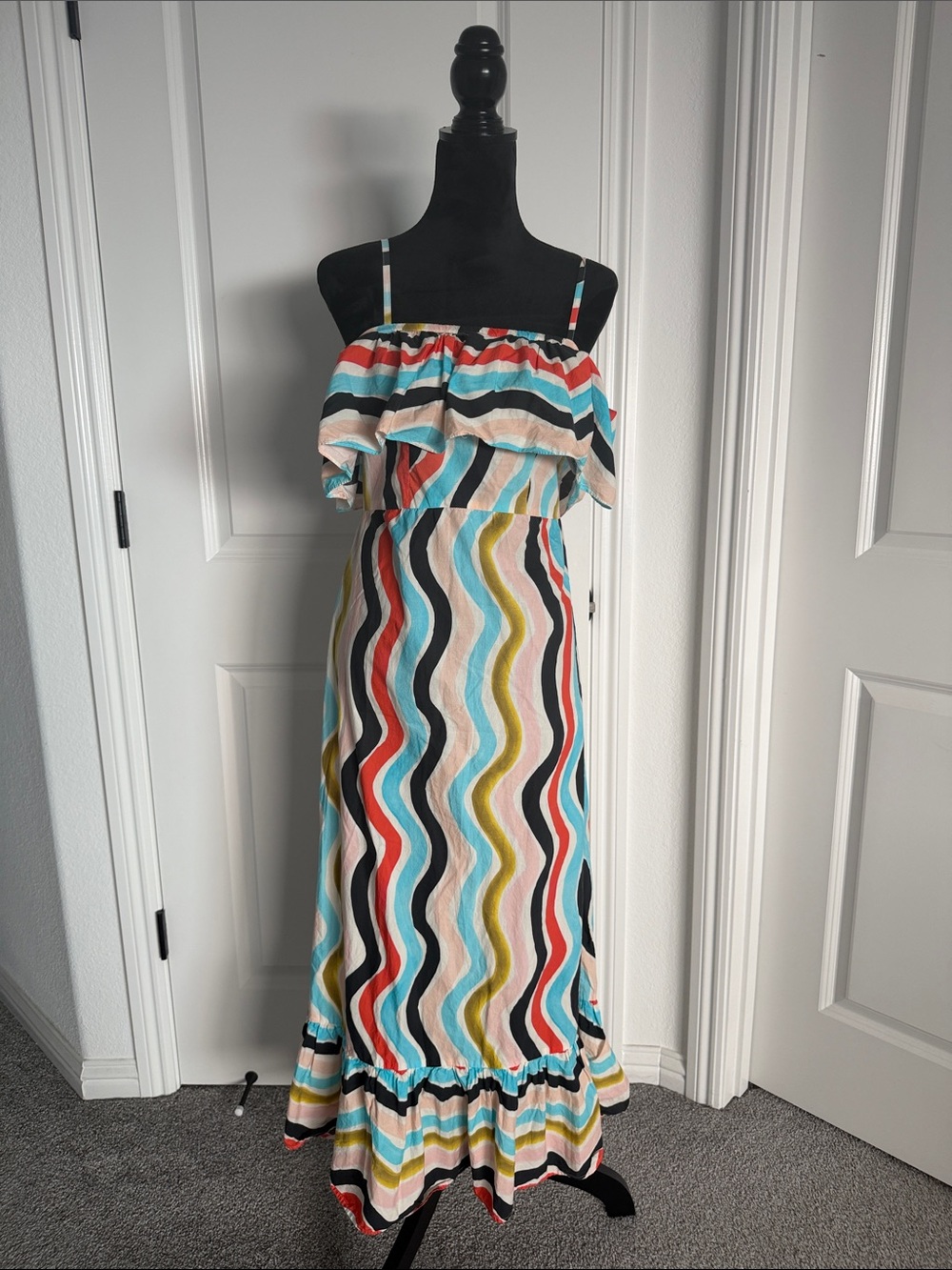 Farm Rio Anthropologie Wavy Multi-Color Ruffle Maxi Dress